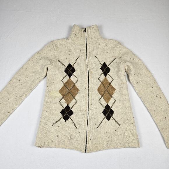 VTG Eddie Bauer Wool Sweater Women Full Zip Up Argyle Knit Beige Y2K Cabin Ski M - Picture 1 of 16